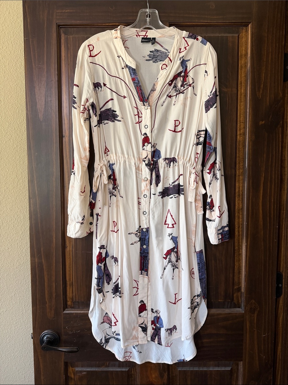 Cruel denim women’s Long Sleeve Western Print Shirt Dress - Cream with Red & Blu